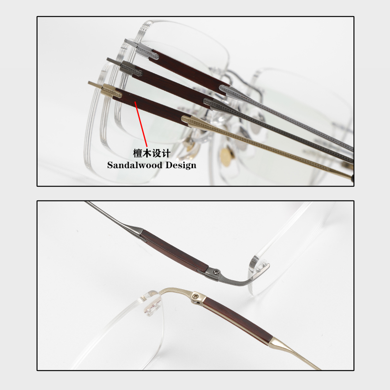 2018 55-18-148 Wooden Temple Titanium Rimless Eyeglasses