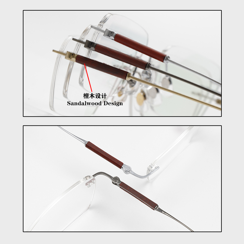 2033 55-18 Ebony Wood Frameless Titanium Eyeglasses OEM
